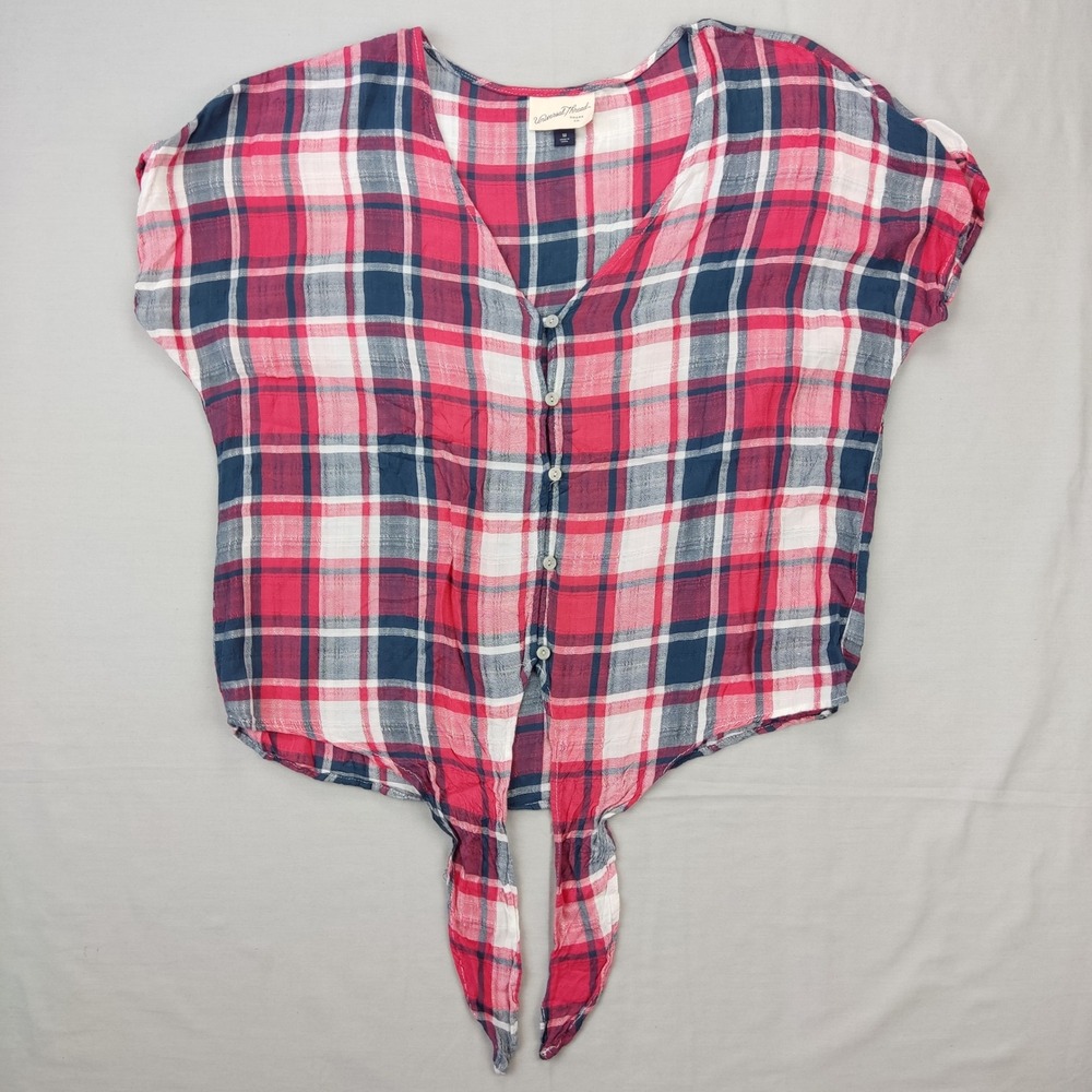 Universal Thread Top Womens Medium Red Plaid Tie Front Button Down Rayon Blouse
